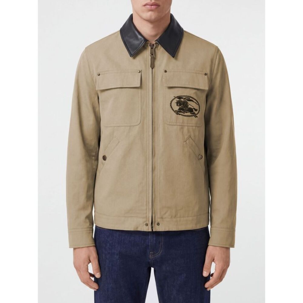 Burberry Men Burberry Ekd Logo Cotton Shirt Jacket With Leather Collar